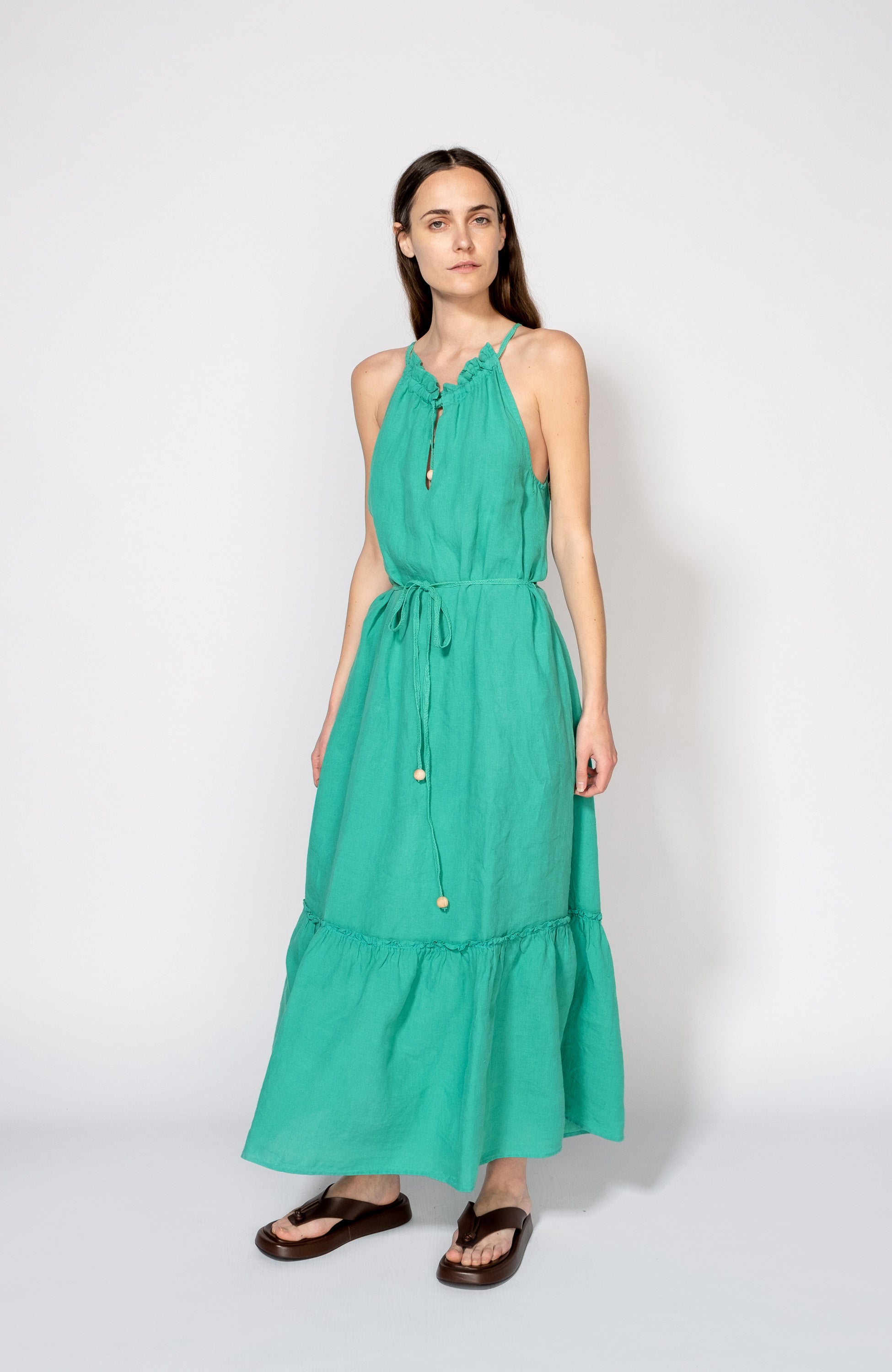 120% lino Green Halterneck linen maxi dress image 1