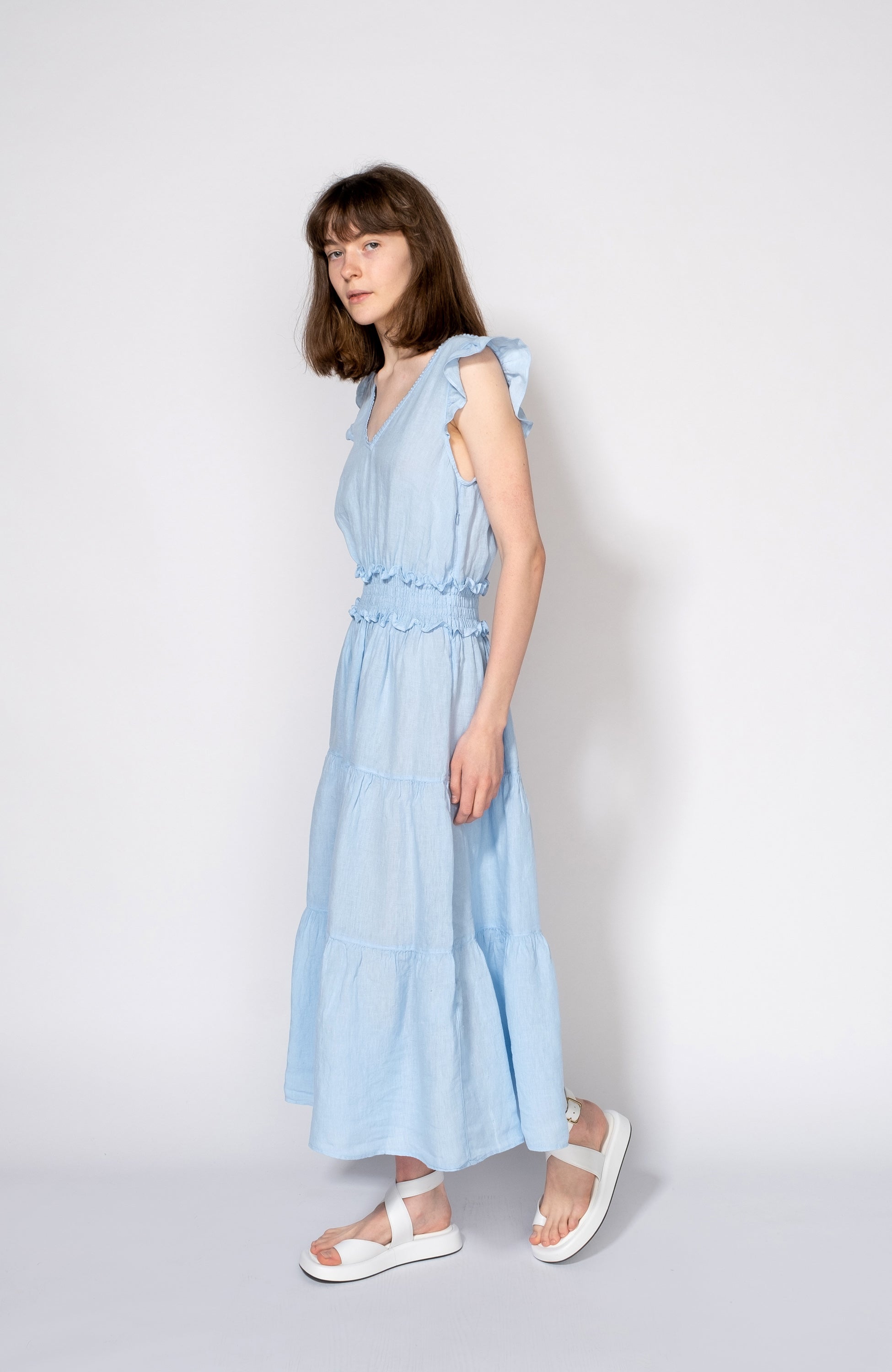 V-neck flared linen midi dress