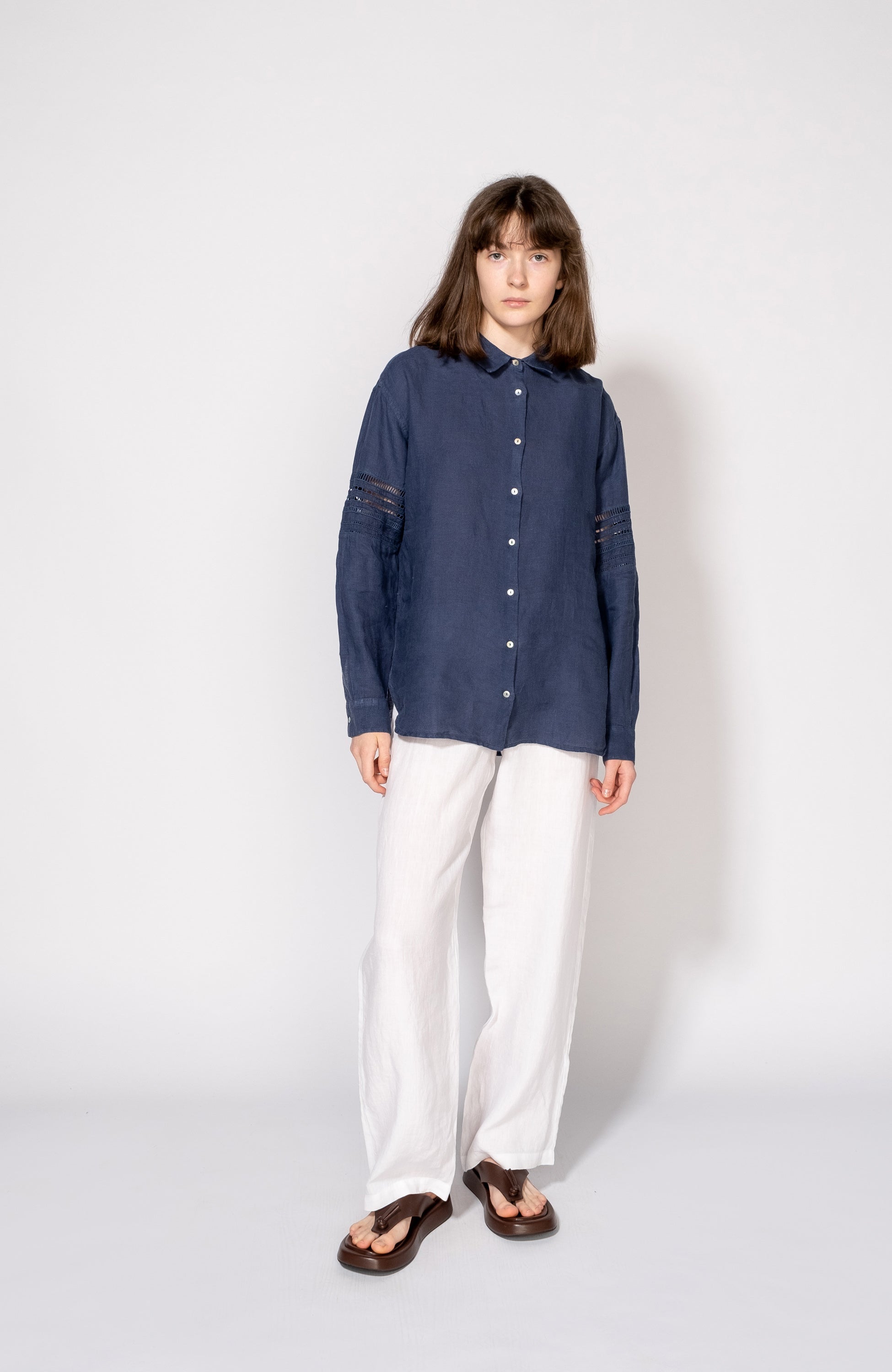 120% lino Navy Long sleeve embroidered linen shirt image 6