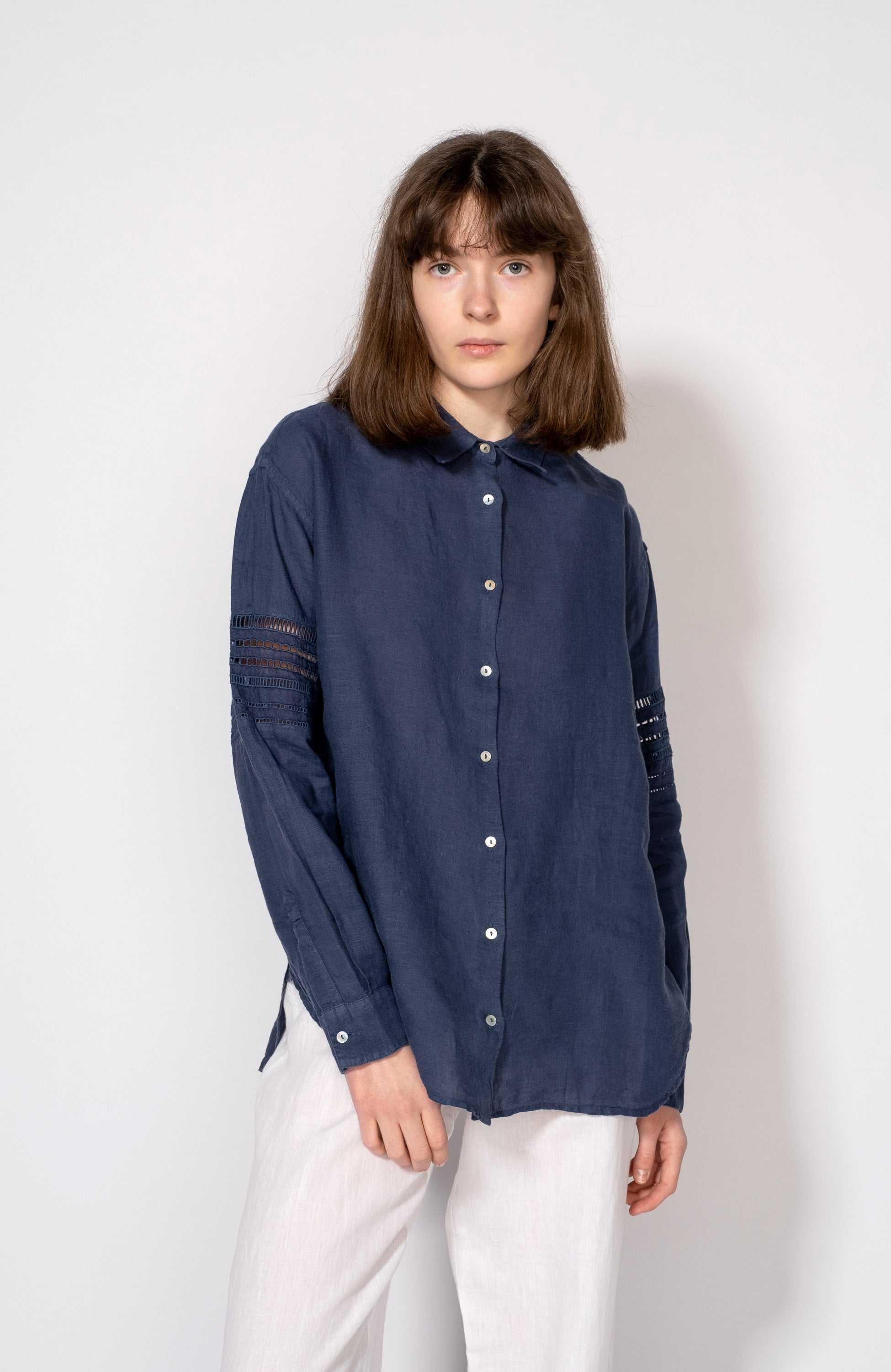 120% lino Navy Long sleeve embroidered linen shirt image 1
