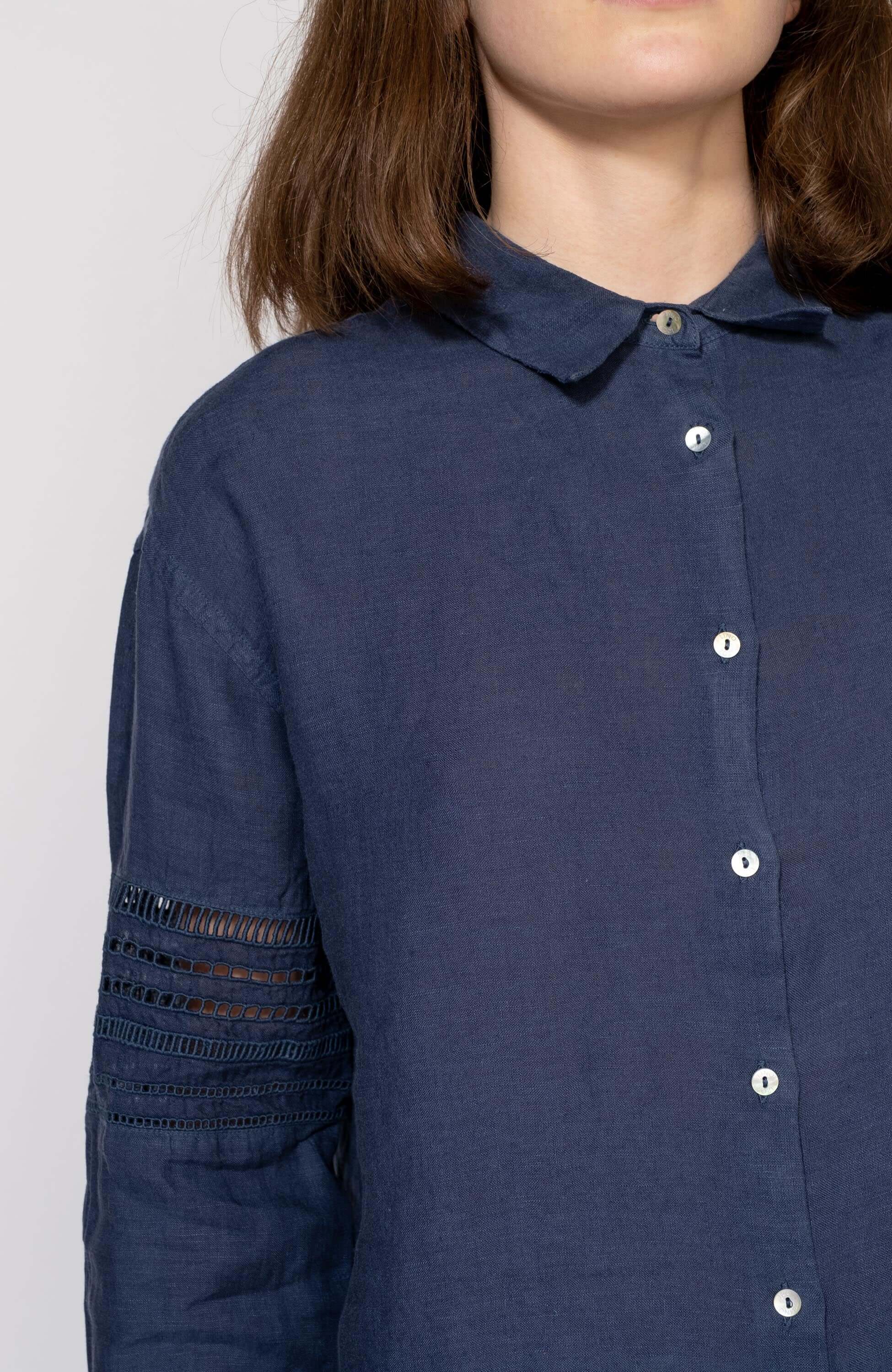 120% lino Navy Long sleeve embroidered linen shirt image 5