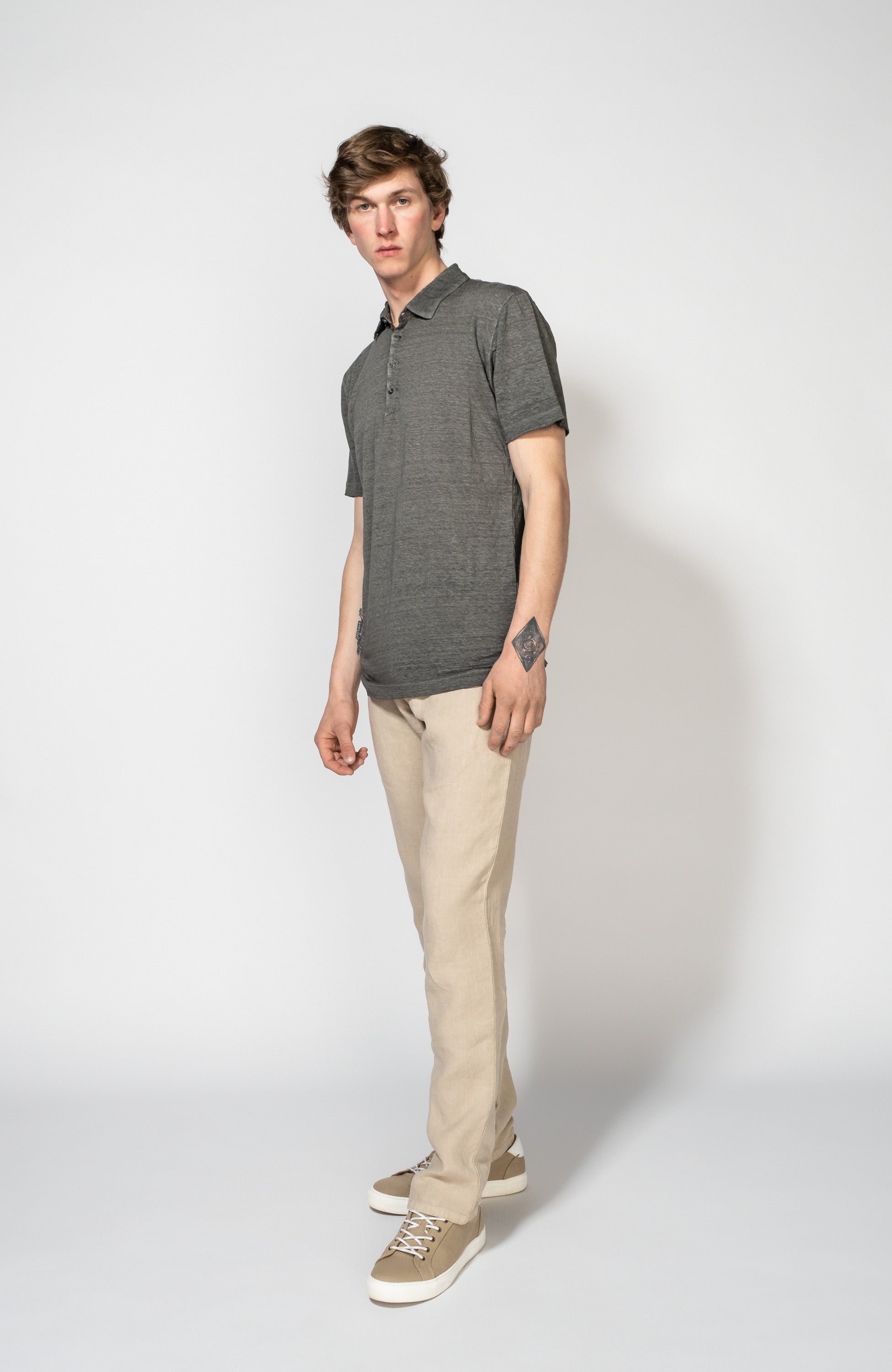 120% lino Grey Lniana koszulka polo z krótkim rękawem image 5