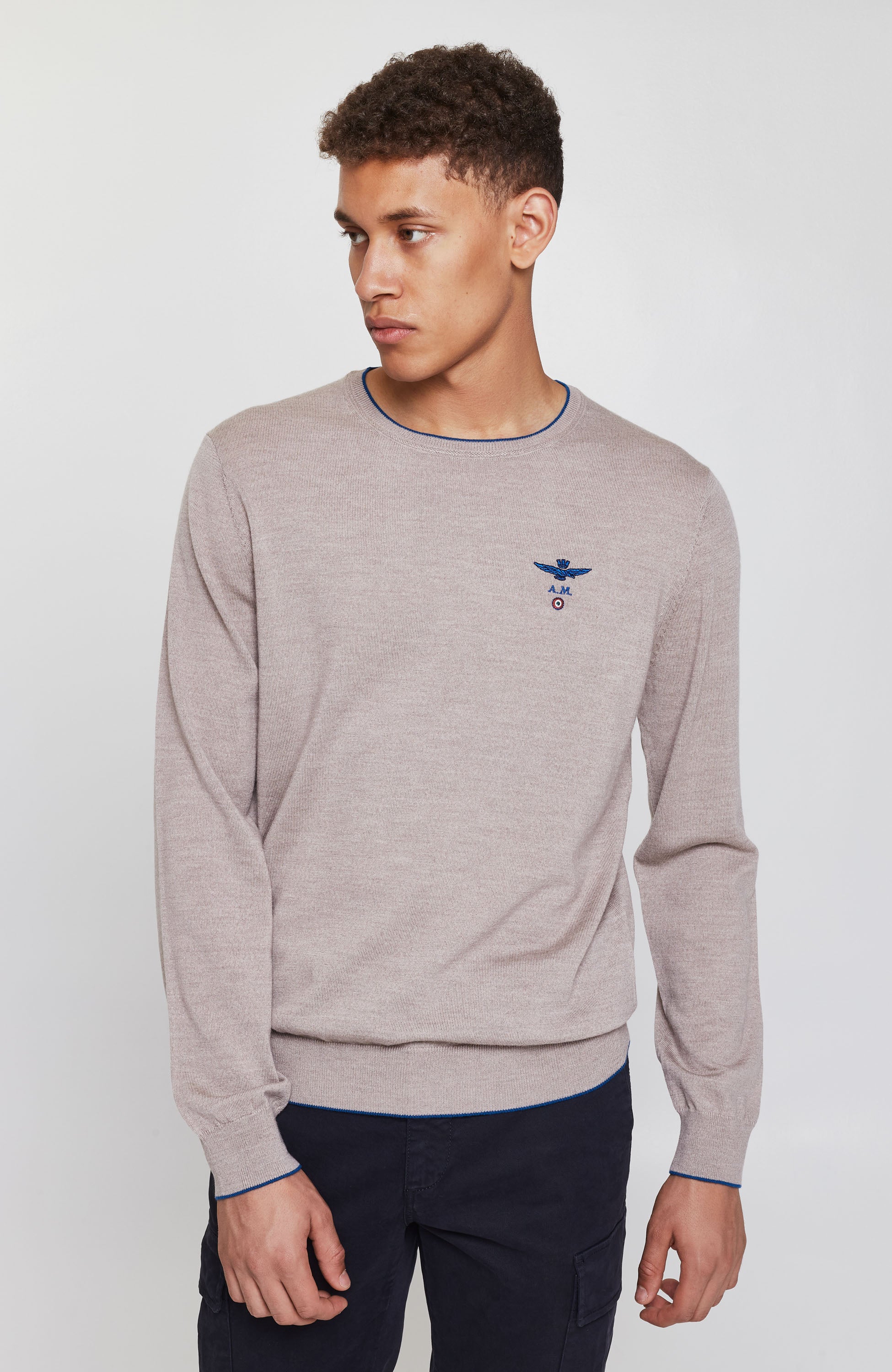 Aeronautica militare Beige Ümara kaelusega meriinovillane kampsun image 1