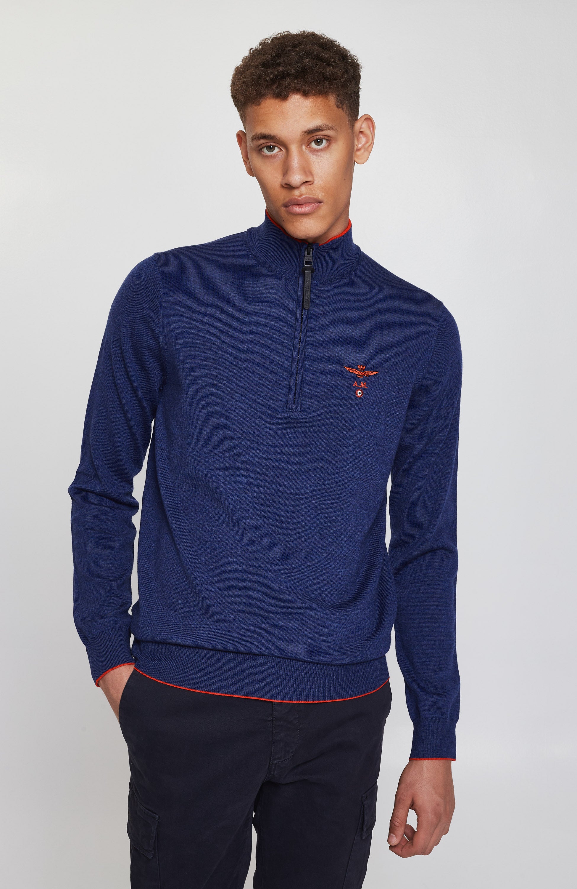 Aeronautica militare Blue Half-zipped merino wool sweater image 1