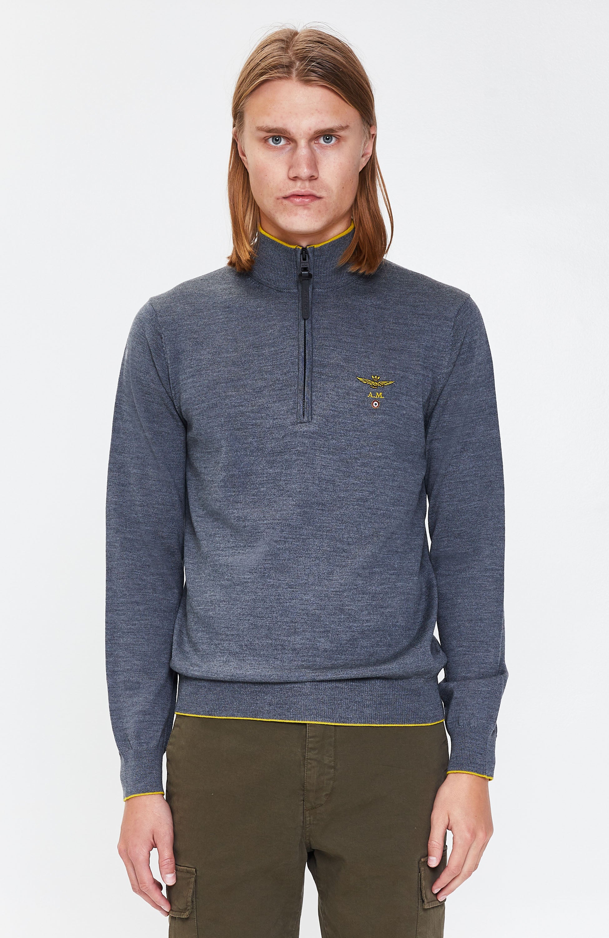 Aeronautica militare Grey Half-zipped merino wool sweater image 1