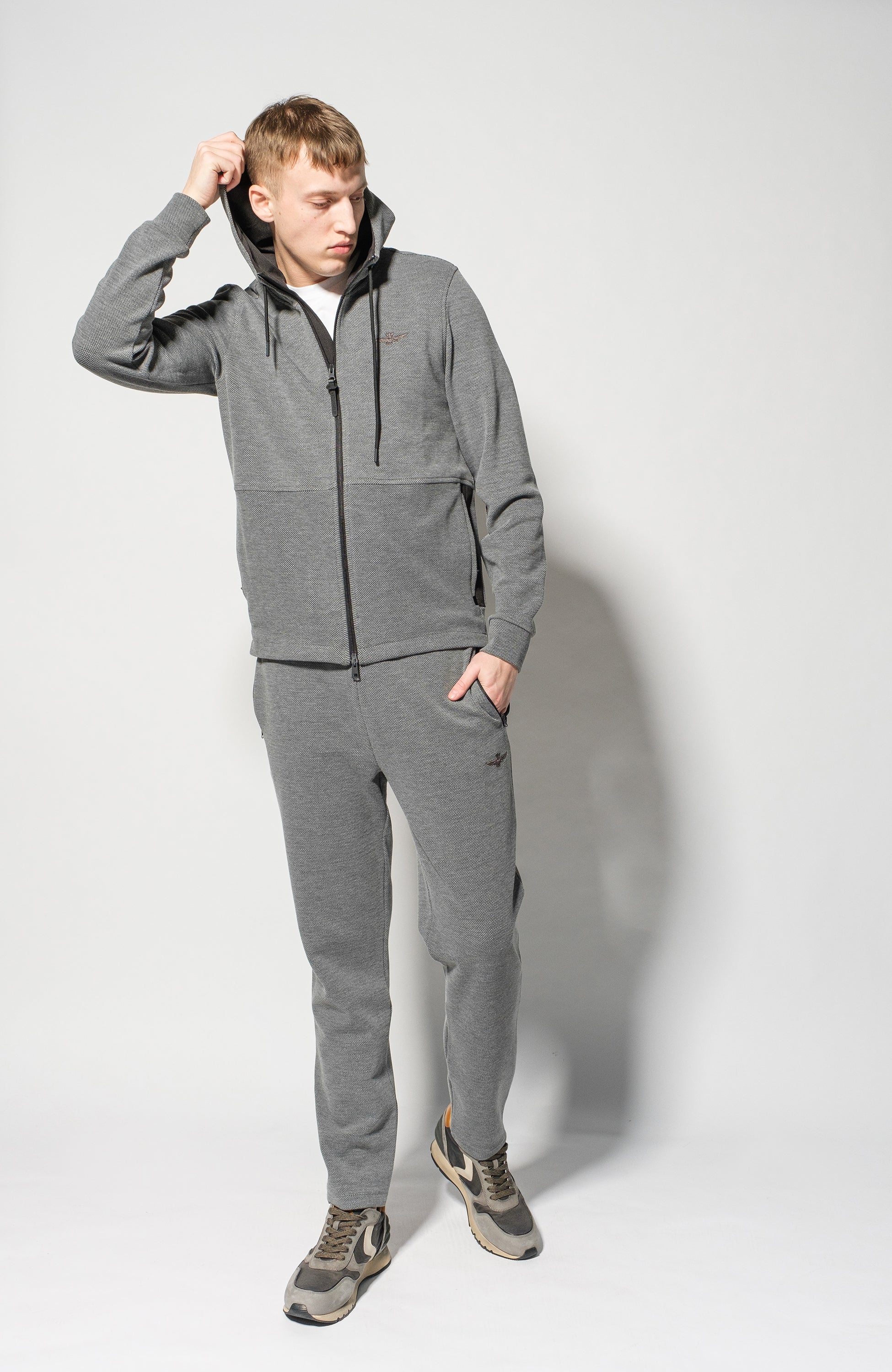 Aeronautica militare Grey Textured hooded tracksuit set image 1
