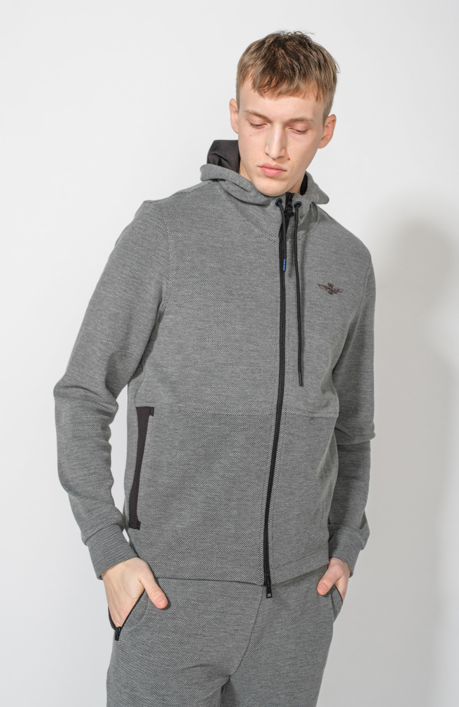 Aeronautica militare Grey Textured hooded tracksuit set image 2