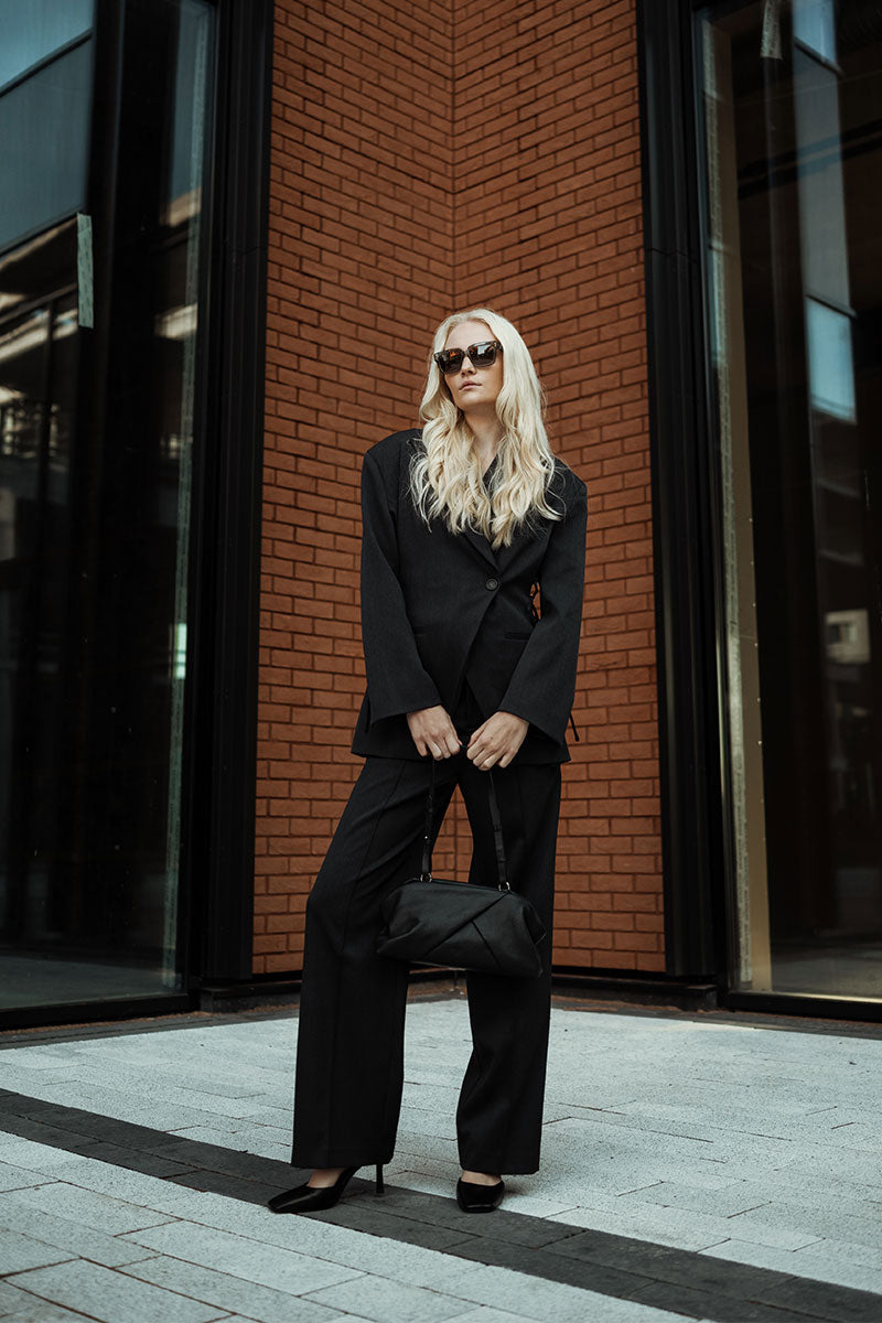 Tie-front wool blazer and Straight-leg wool trousers