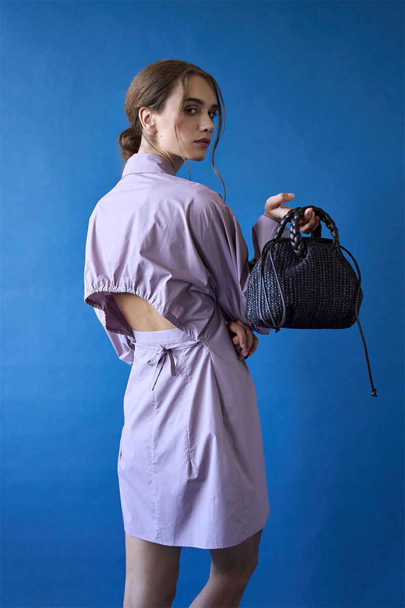Puff-sleeve open-back dress and Plaited-handle crossbody bag BOMBON RAFFIA