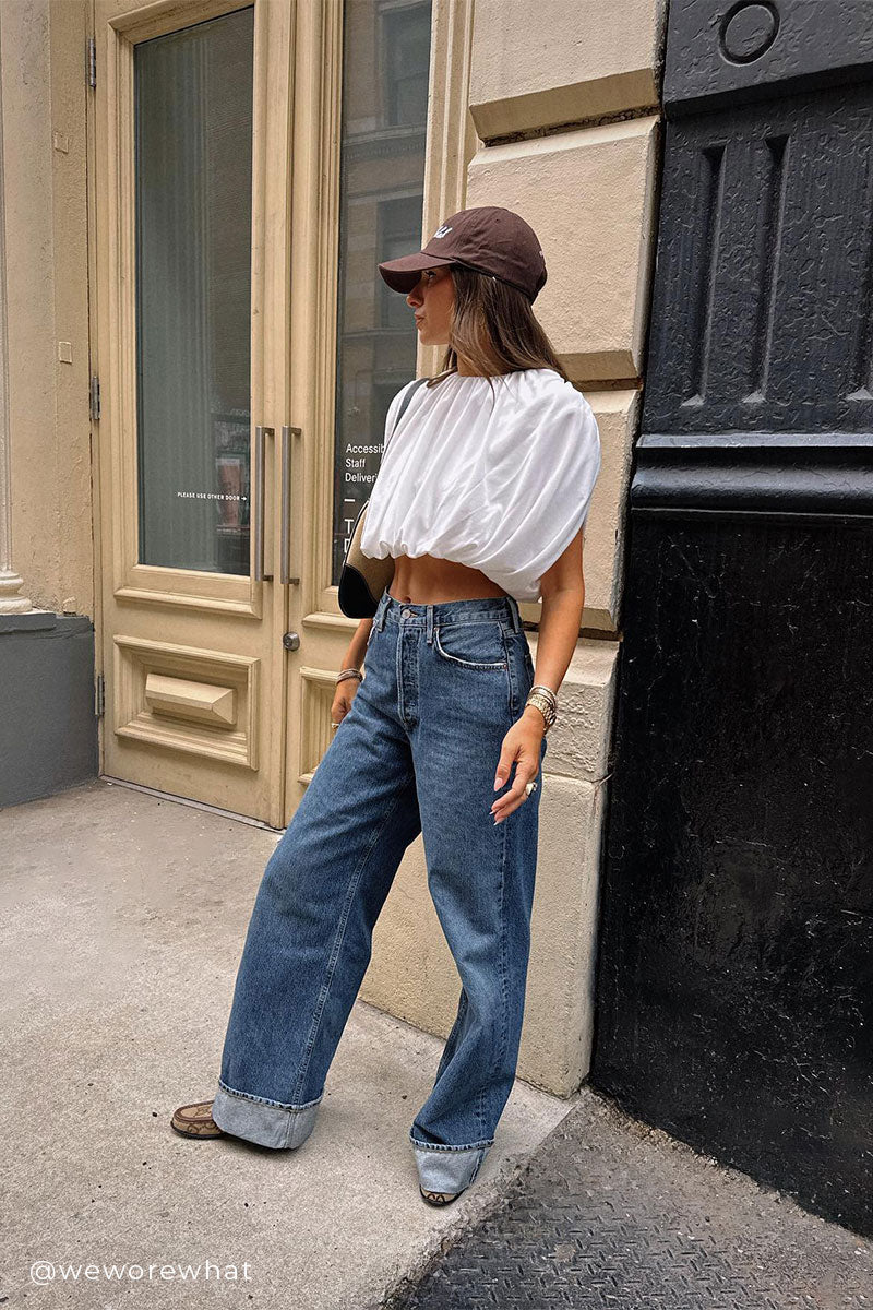 Rouched cotton blouse and Wide-leg jeans DAME