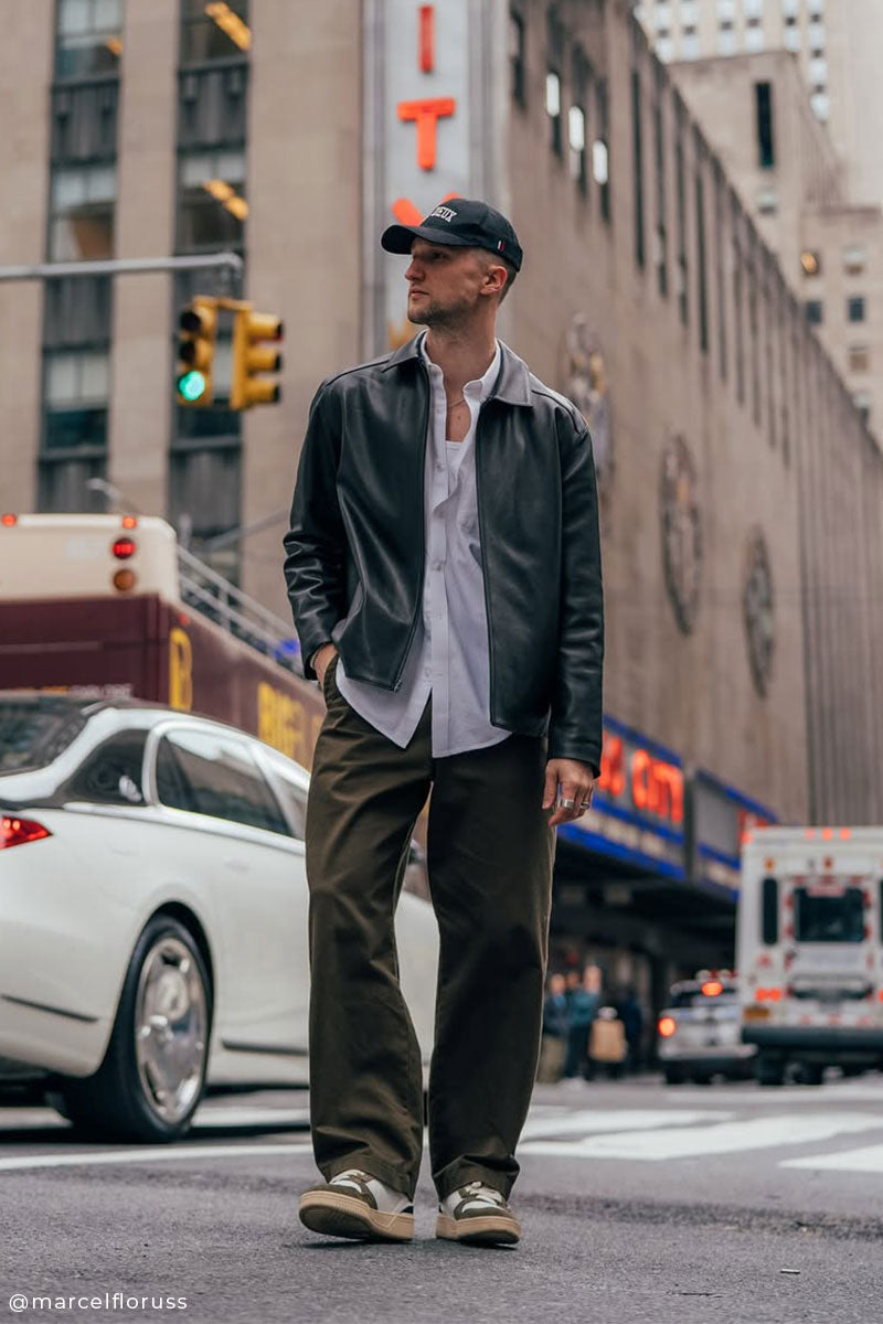 Leather sleeve bomber jacket and Loose-fit cargo trousers CHUCK