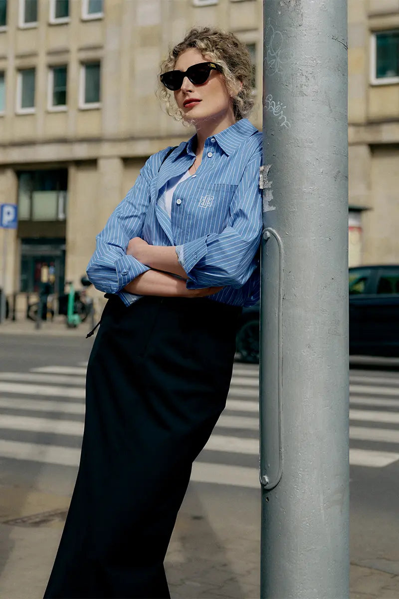 Striped cotton shirt and Tailored maxi skirt
