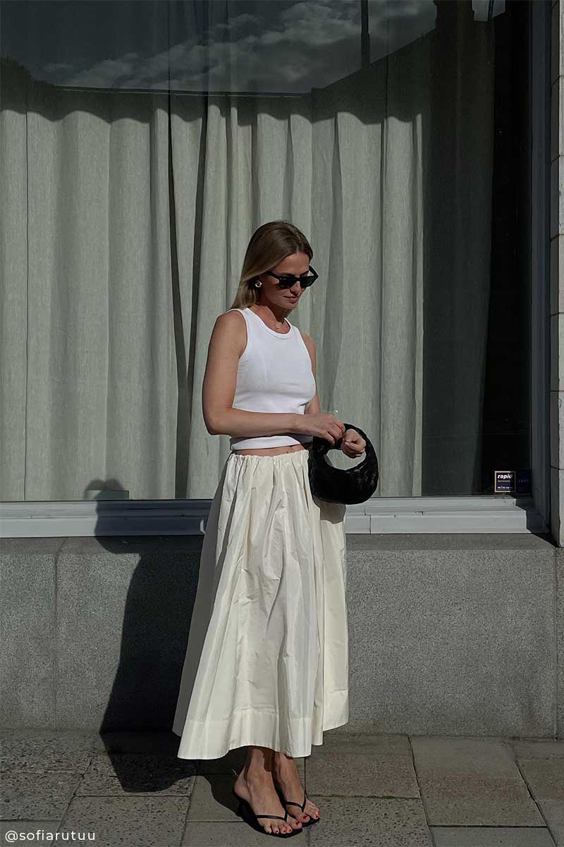 Ribbed tank top and A-lined silk skirt