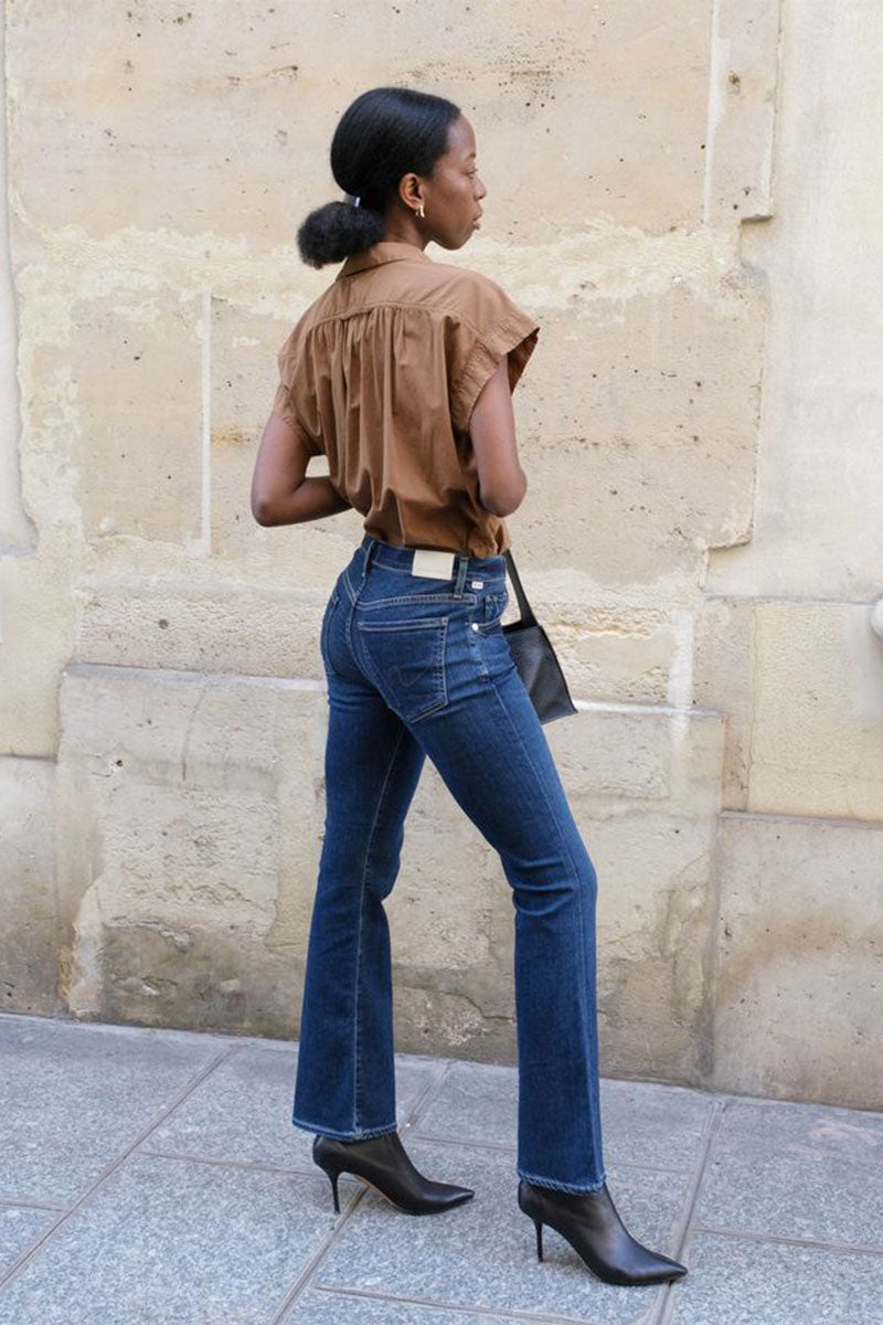Rouched V-neck top and High-rise bootcut jeans LILAH