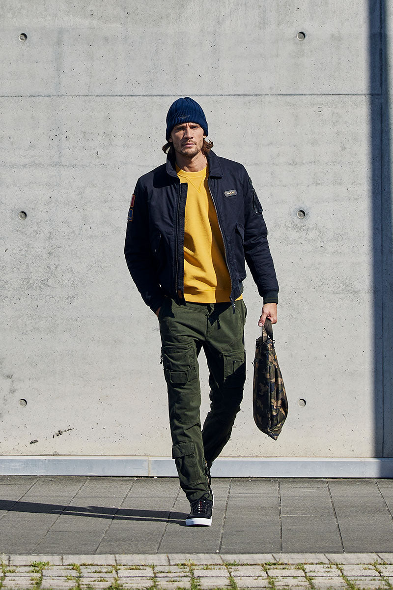 Emblem-embroidered padded jacket and Cargo cotton trousers