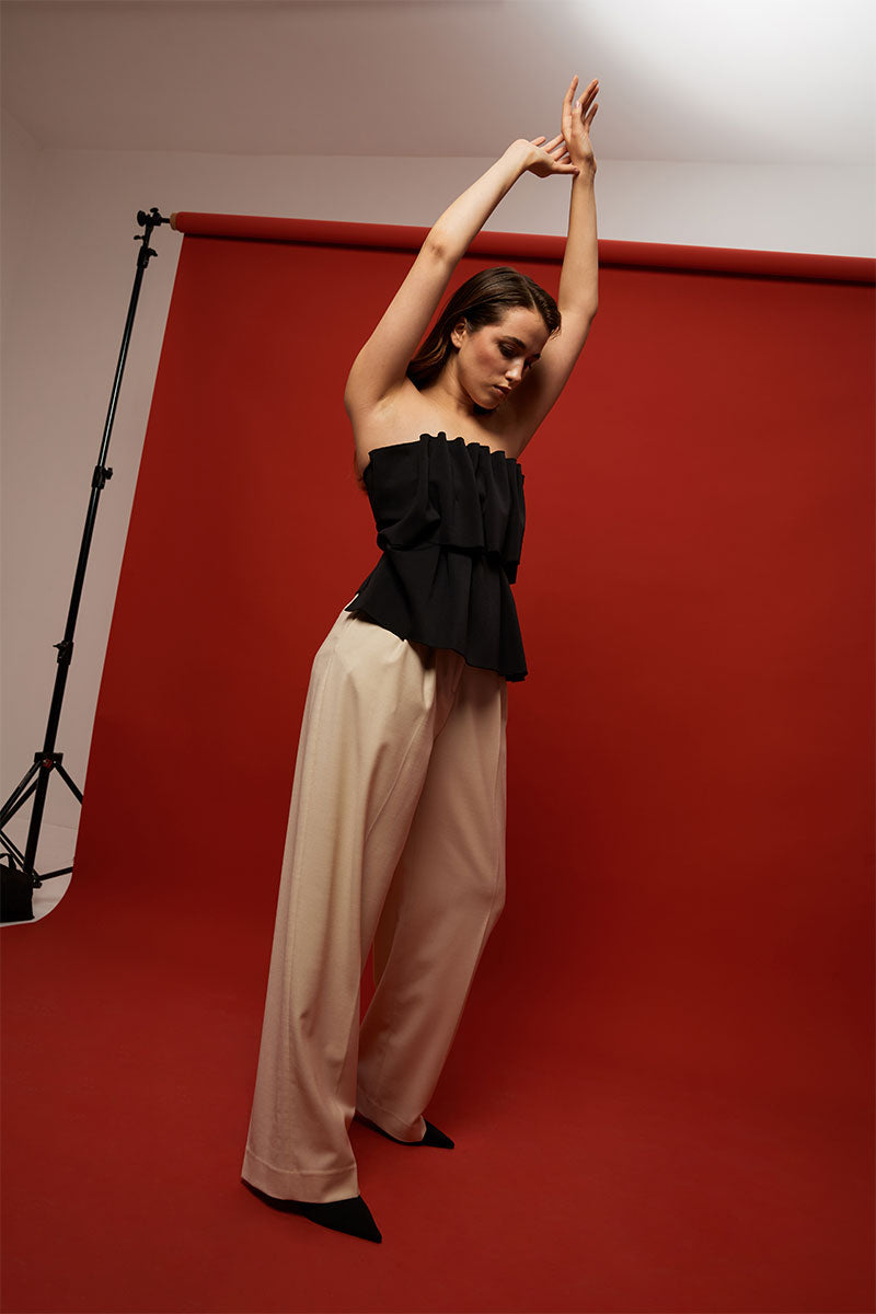 Sculpted tube top and Wide suit trousers