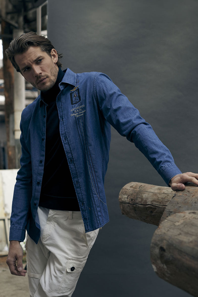 Embroidered denim shirt and Rollneck cashmere pullover