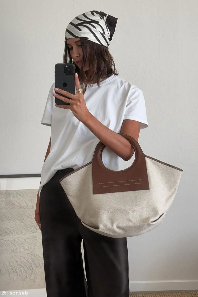 Jedwabna apaszka BEIGE | BROWN and Torba typu tote z płótna z elementami ze skóry marki CALA