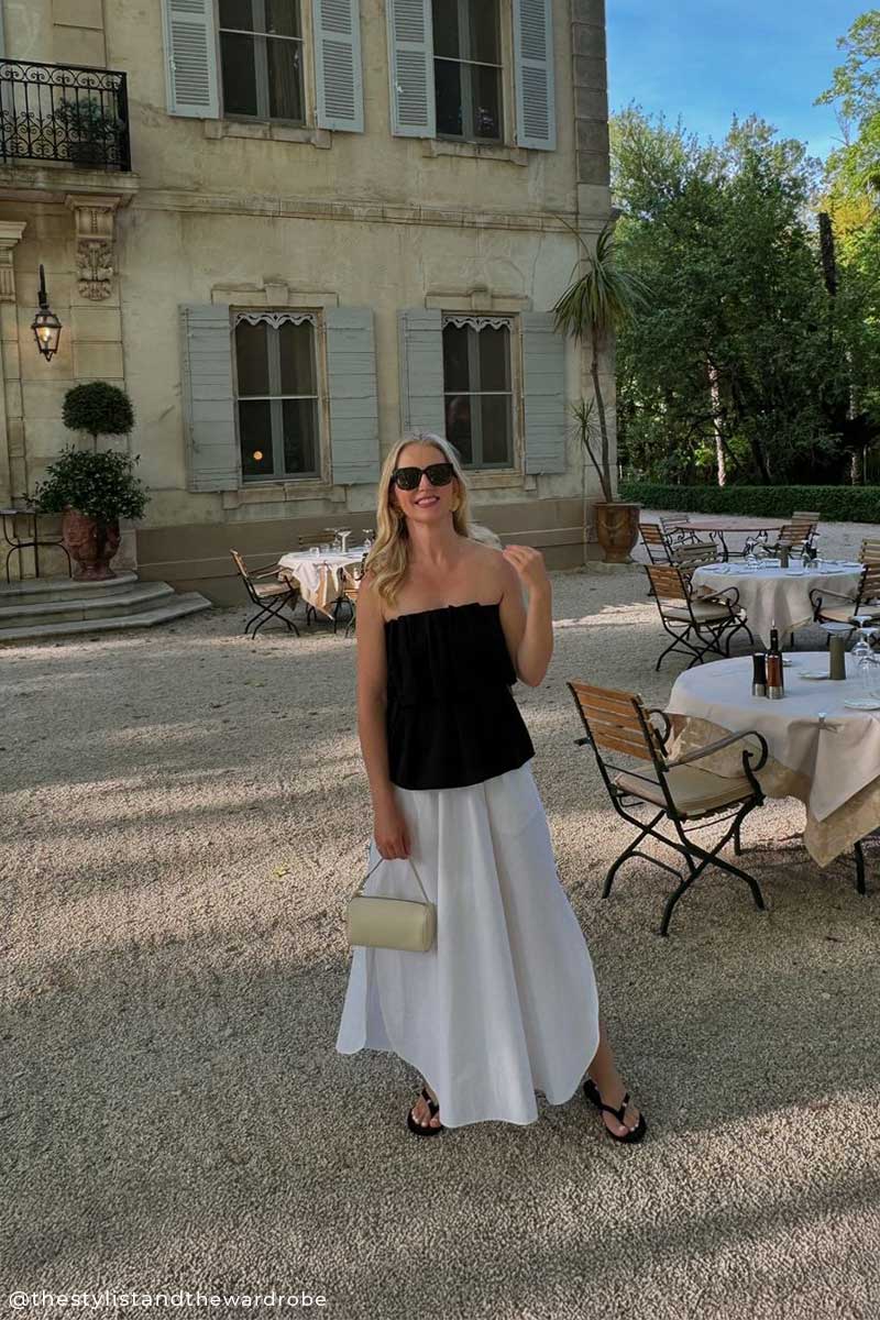 Sculpted tube top and A-lined silk skirt