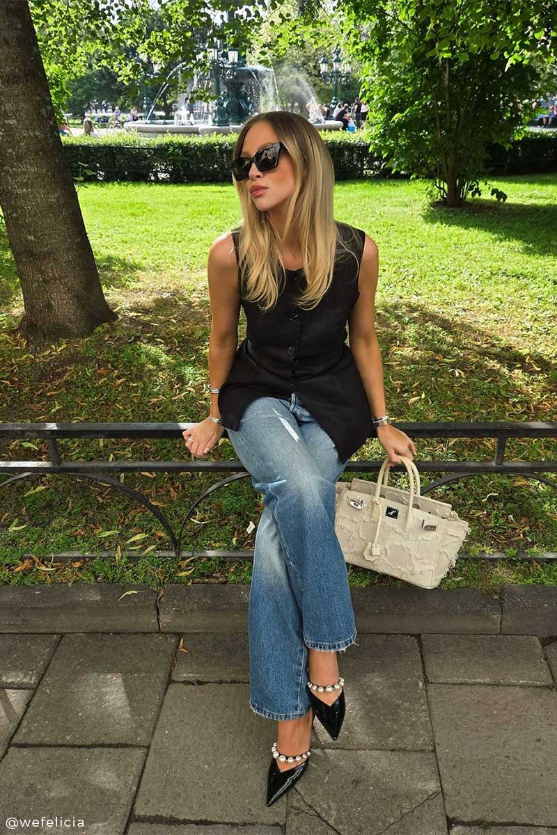 Tailored squared top and Baggy fit denim jeans