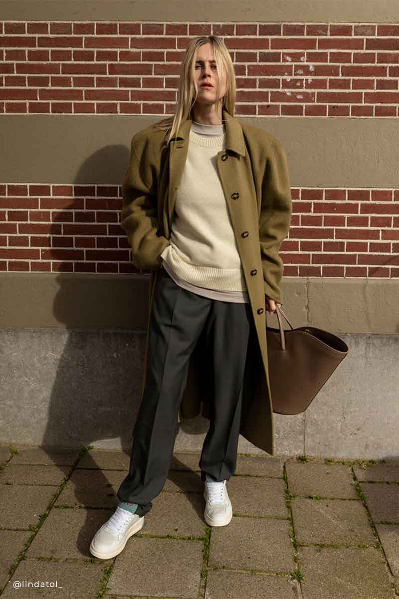 Long trenchcoat and Wide-leg suit trousers