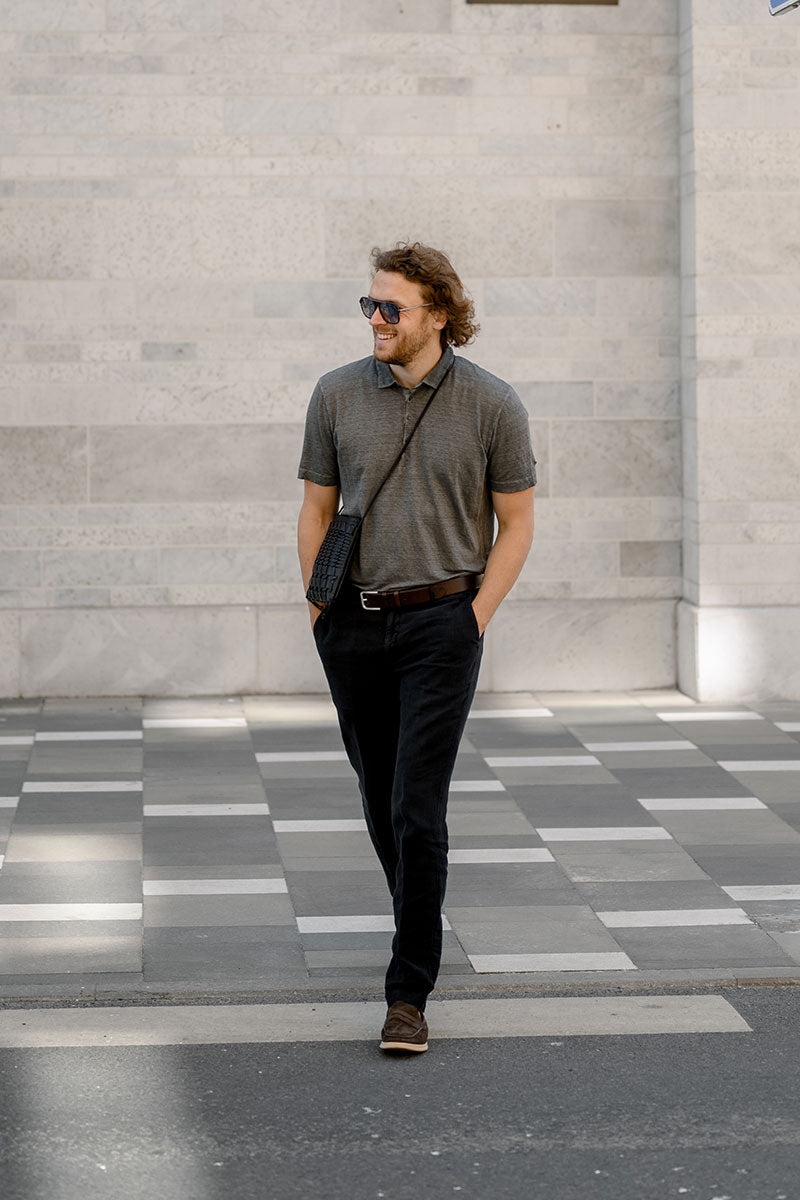 Short sleeve linen polo shirt and Linen tailored trousers