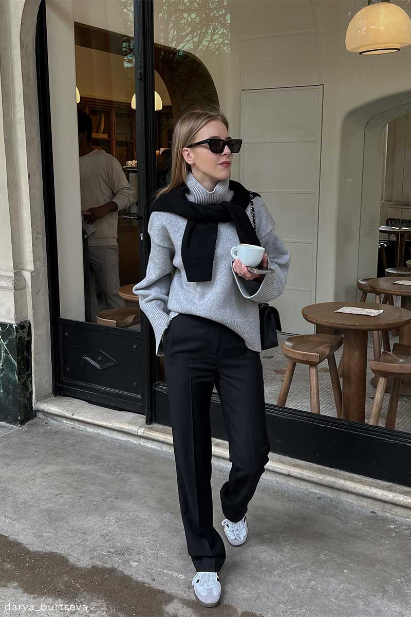 Highneck cashmere sweater HEIDI and Classic regular-fit trousers FAYE
