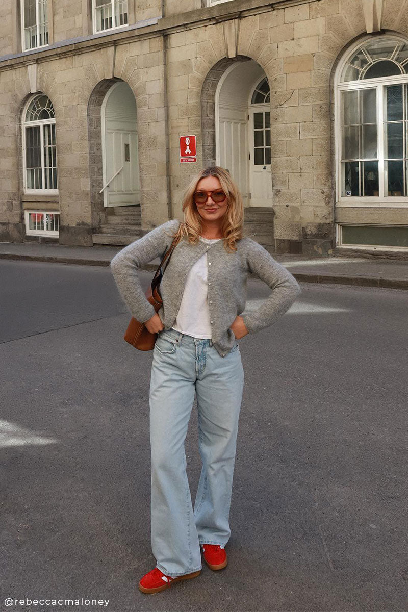 Roundneck cashmere cardigan and Low-rise baggy jeans FUSION