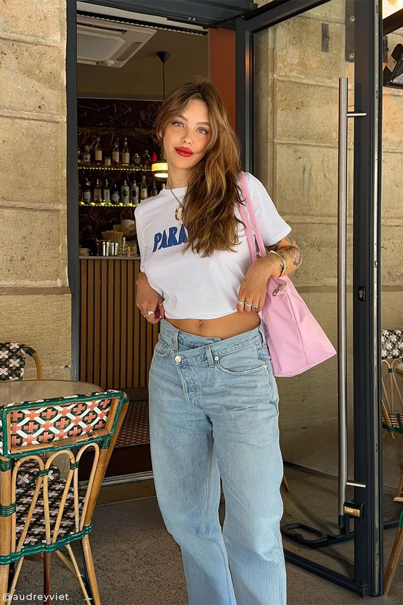 Contrast-trim cotton t-shirt FARREH and Criss cross upsized jeans
