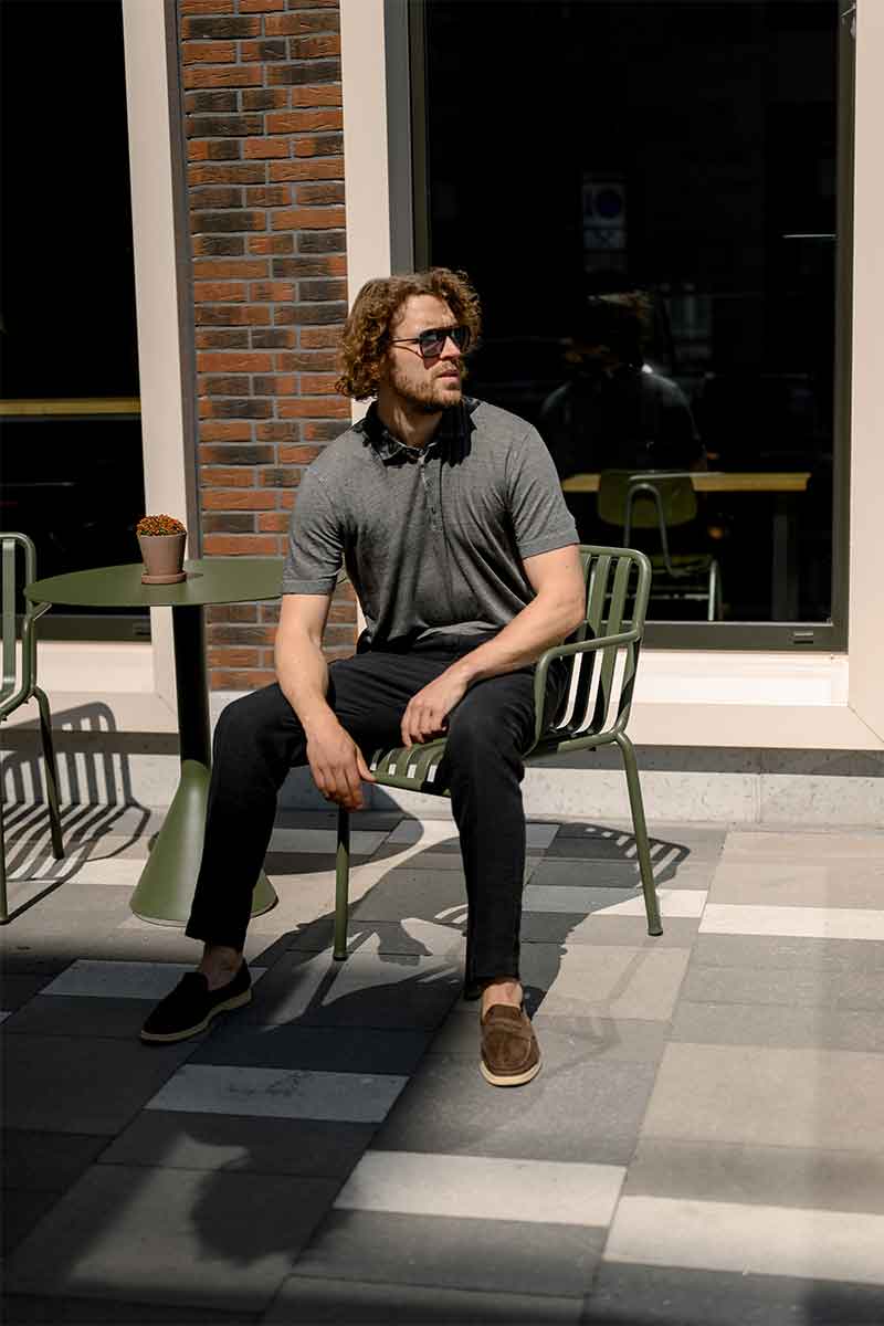Linen tailored trousers and Short sleeve linen polo shirt