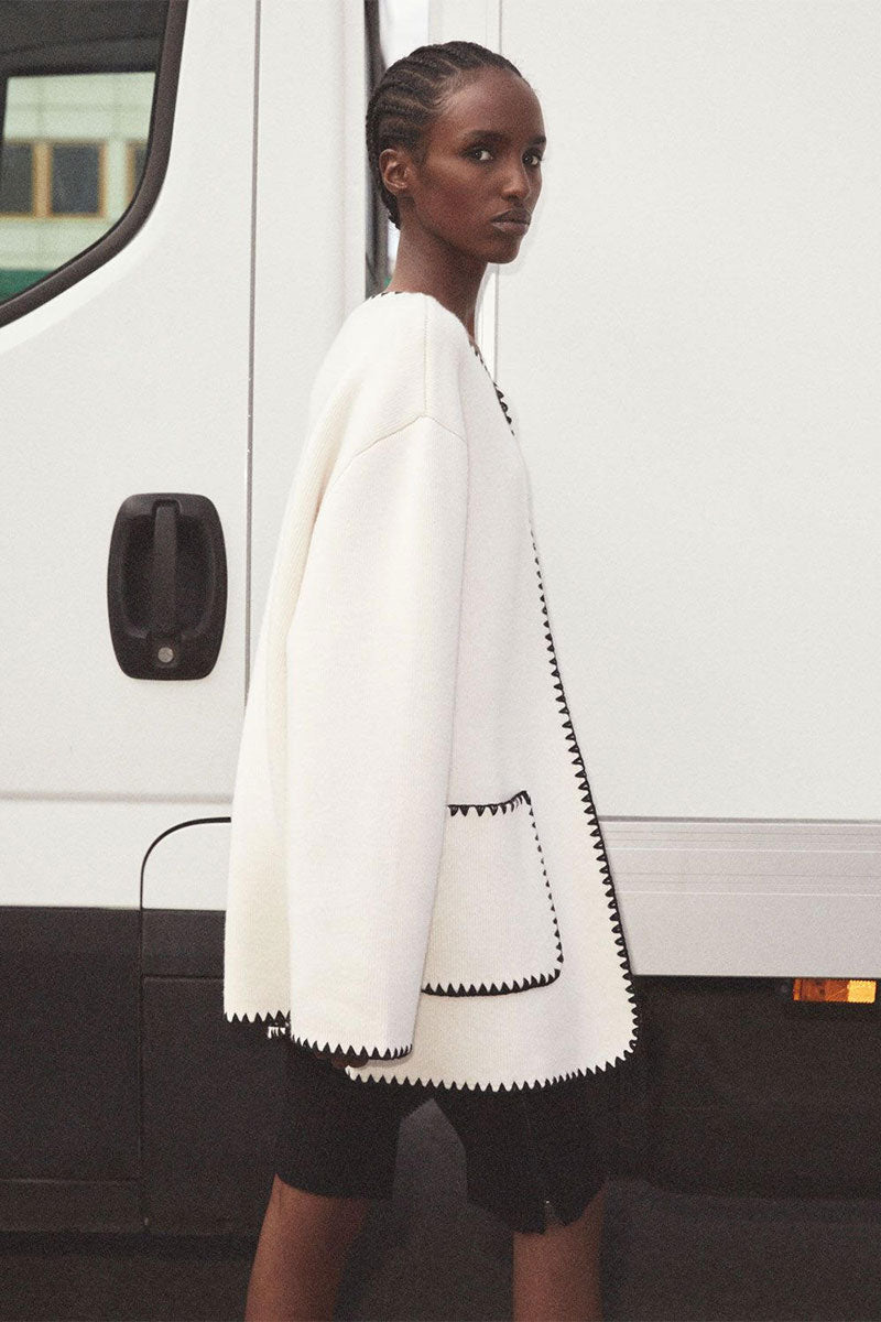 Contrast stich cardigan JOLINE and Fine-knit ribbed trousers KAREN