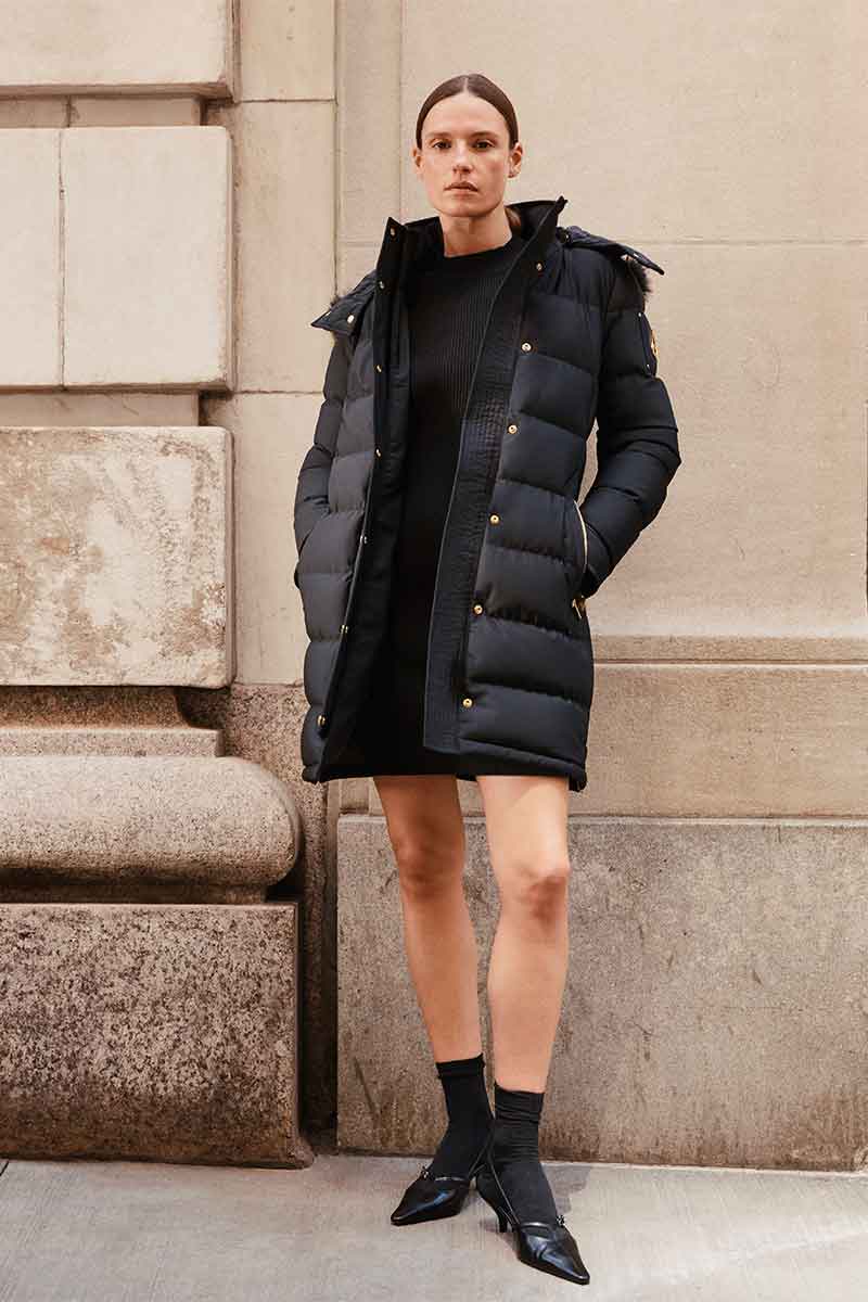 Gold-detail down parka WATERSHED and Ribbed cashmere dress NARI