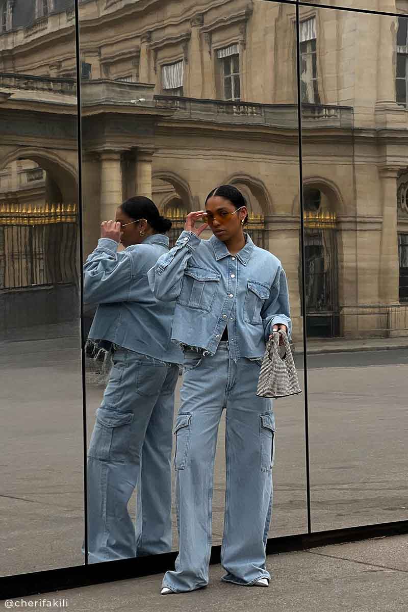 Oversized denim jacket CHARLI and Wide-leg cargo jeans MINKA