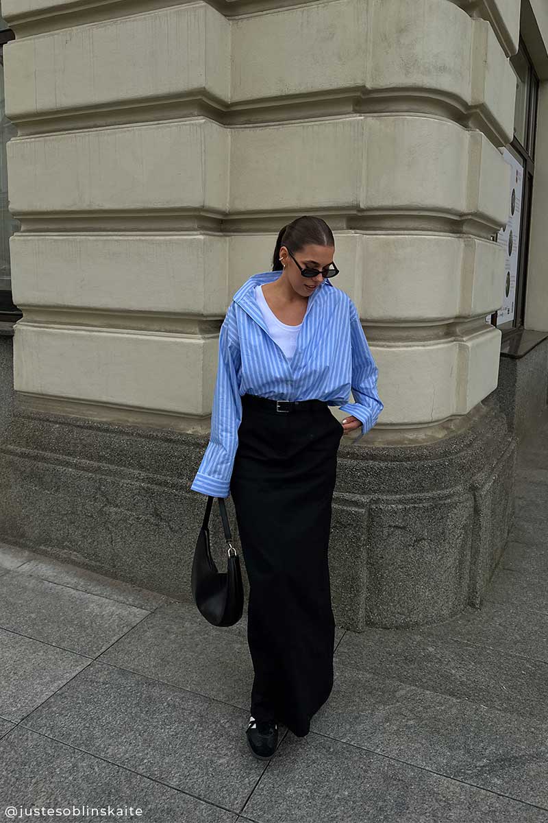 Striped cotton shirt and Tailored maxi skirt