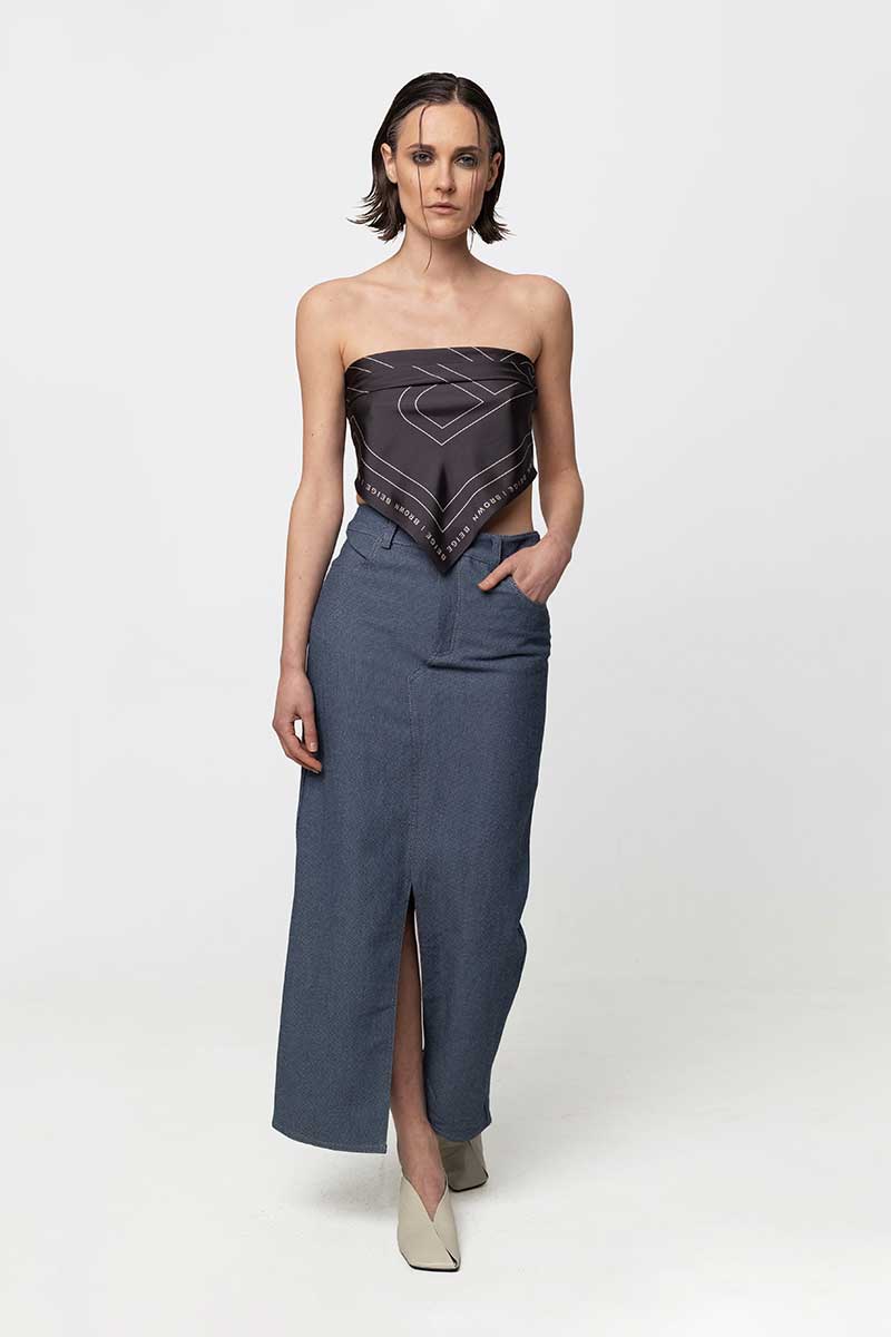 Silk scarf and Denim asymmetric skirt
