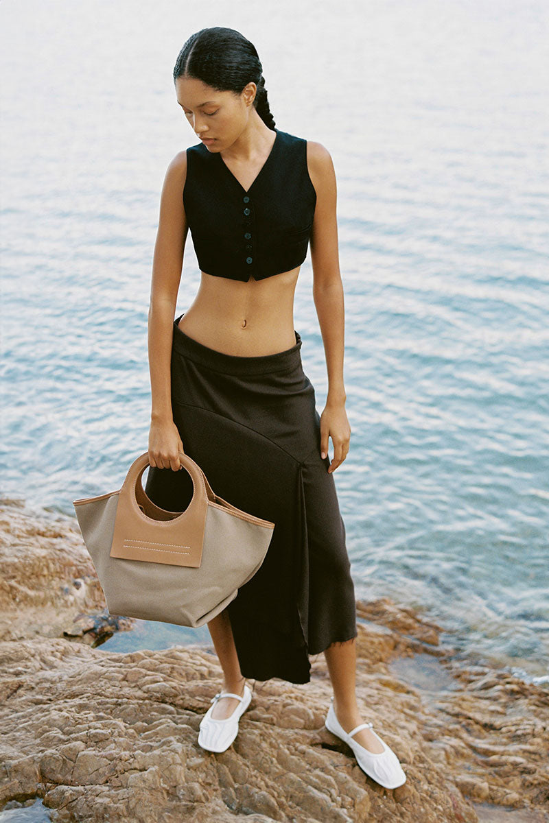 Drape midi dress ALIZ and Canvas tote bag CALA