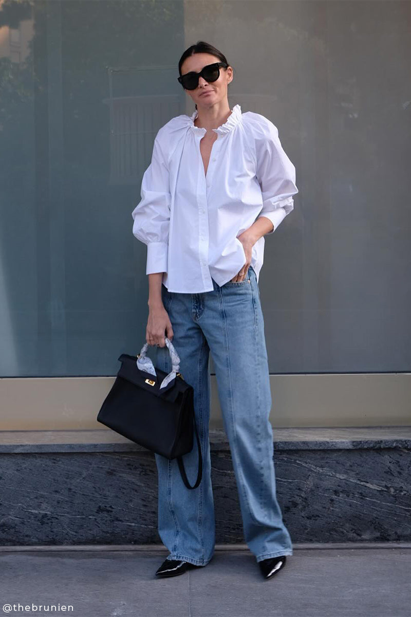 Rouched cotton blouse and Loose-fit straight jeans