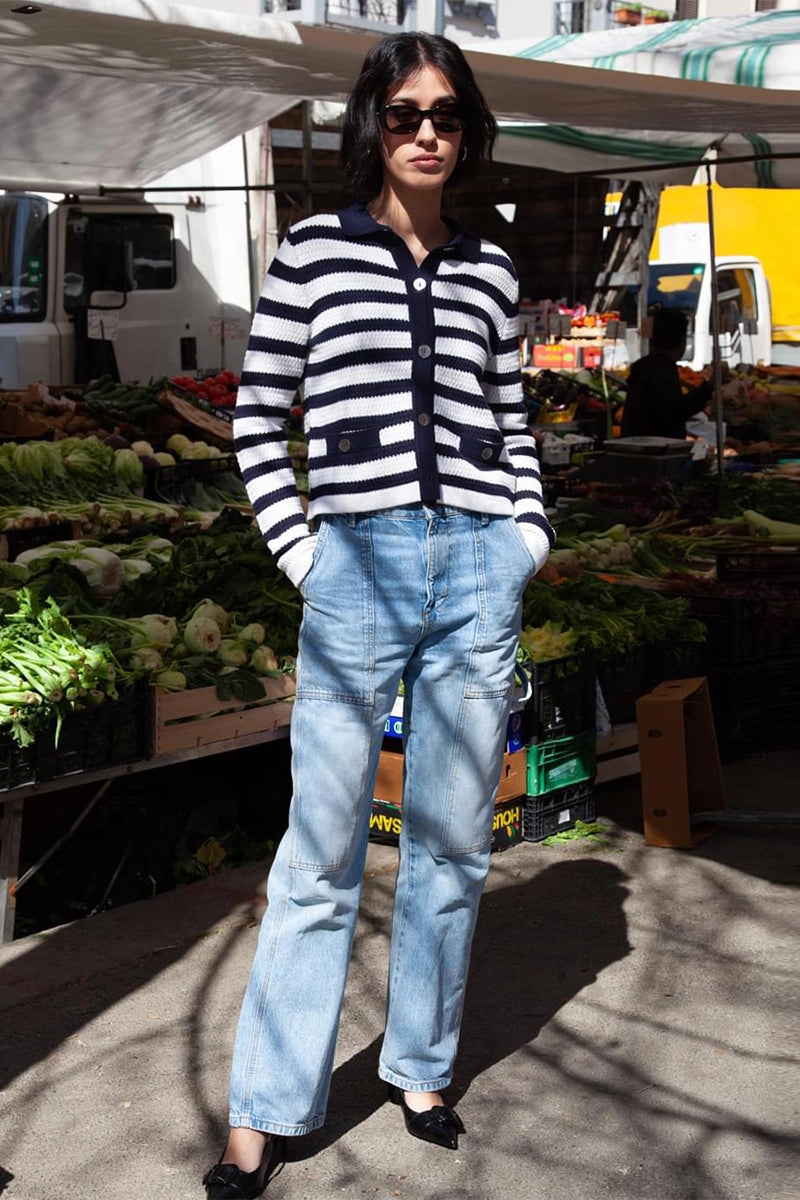 Striped cardigan-jacket and Straight-leg cargo jeans COOPER