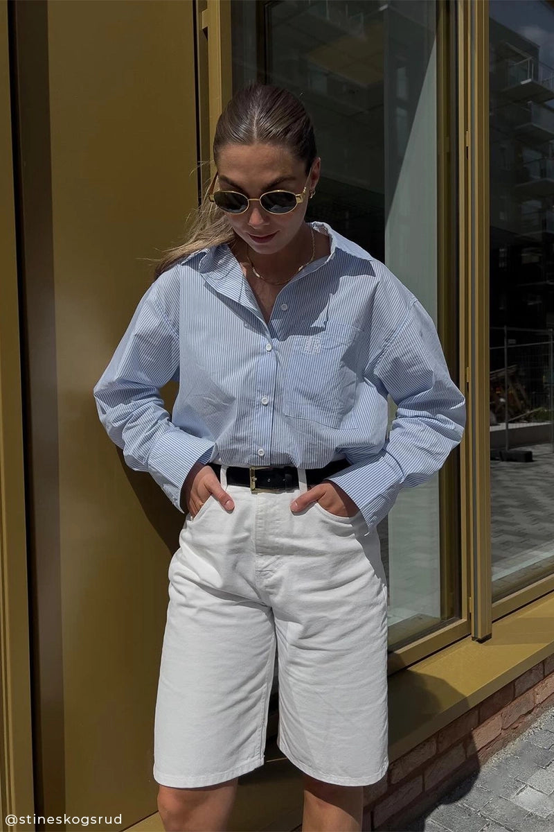 Oversized striped shirt and Tailored shorts