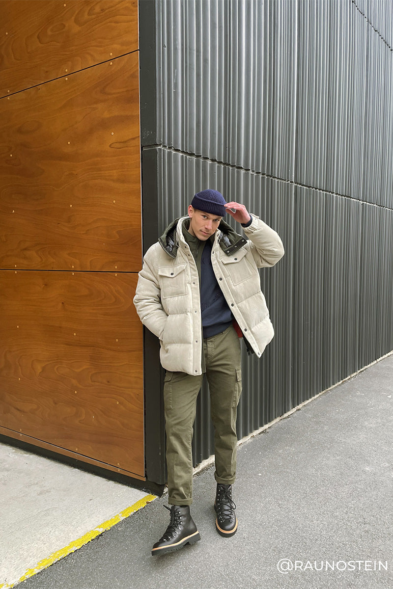 Cargo cotton trousers and Highneck merino wool sweater