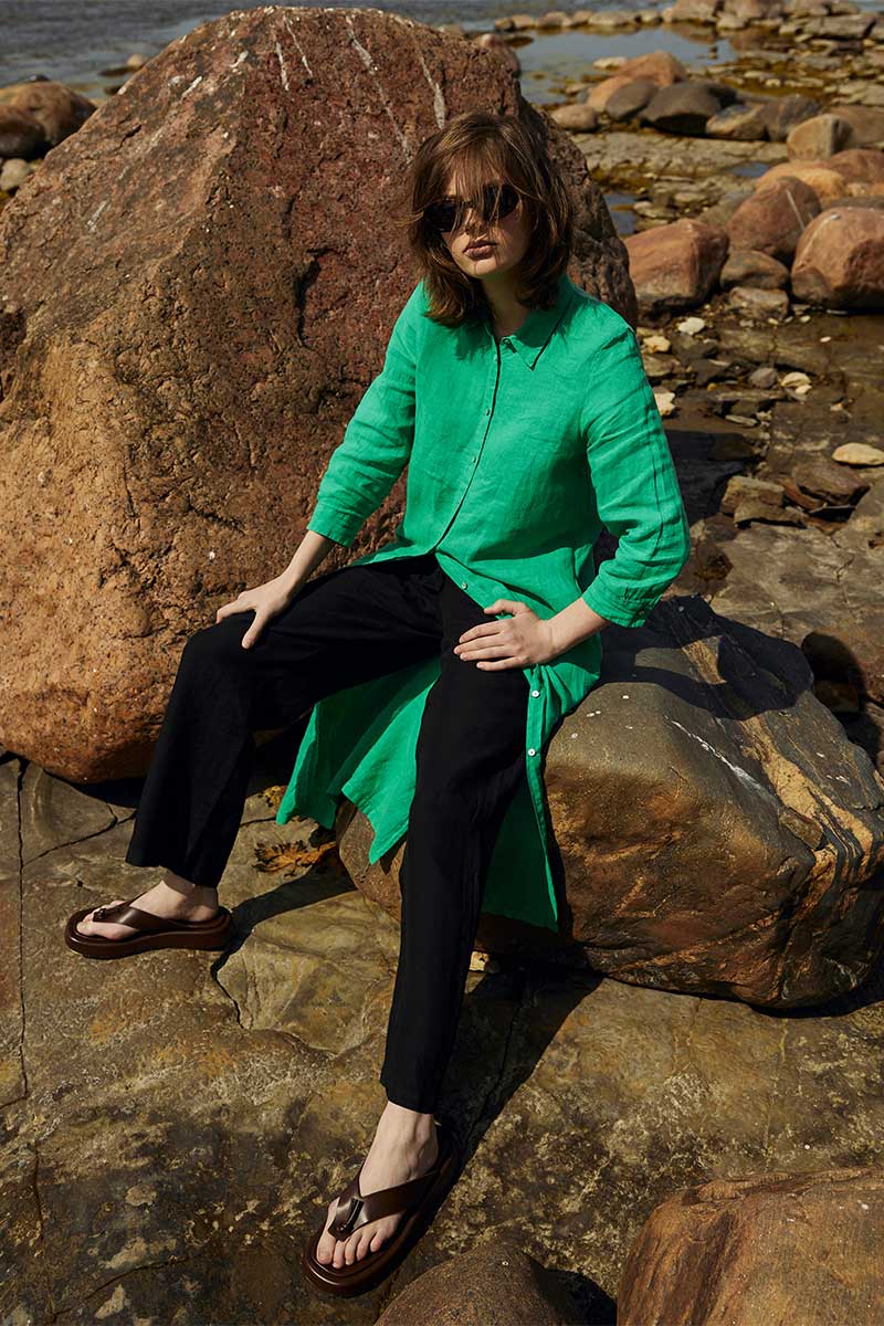 Linen maxi shirt-dress and Straight-leg linen trousers