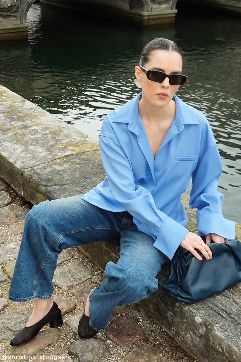 Asymmetric shirt and Baggy fit denim jeans