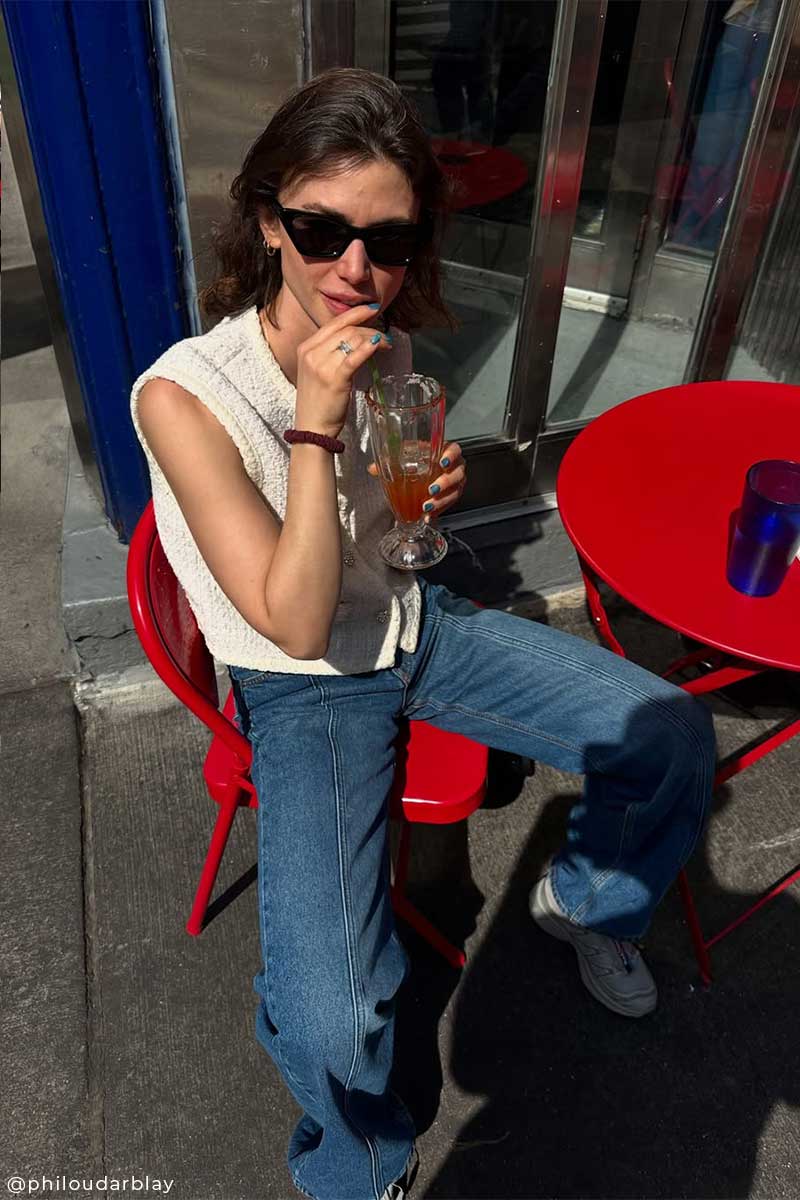 Pointelle knit top and Loose-fit straight jeans