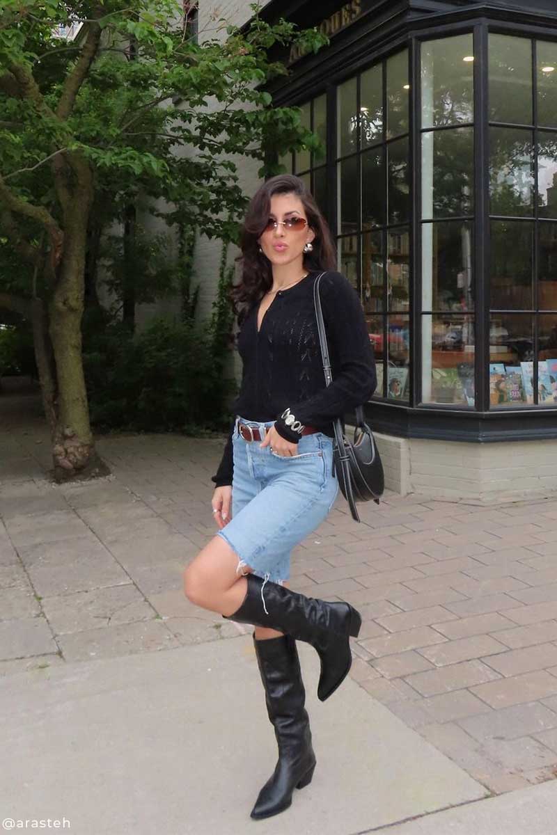 Lace knit top and Relaxed-fit denim shorts AYLA