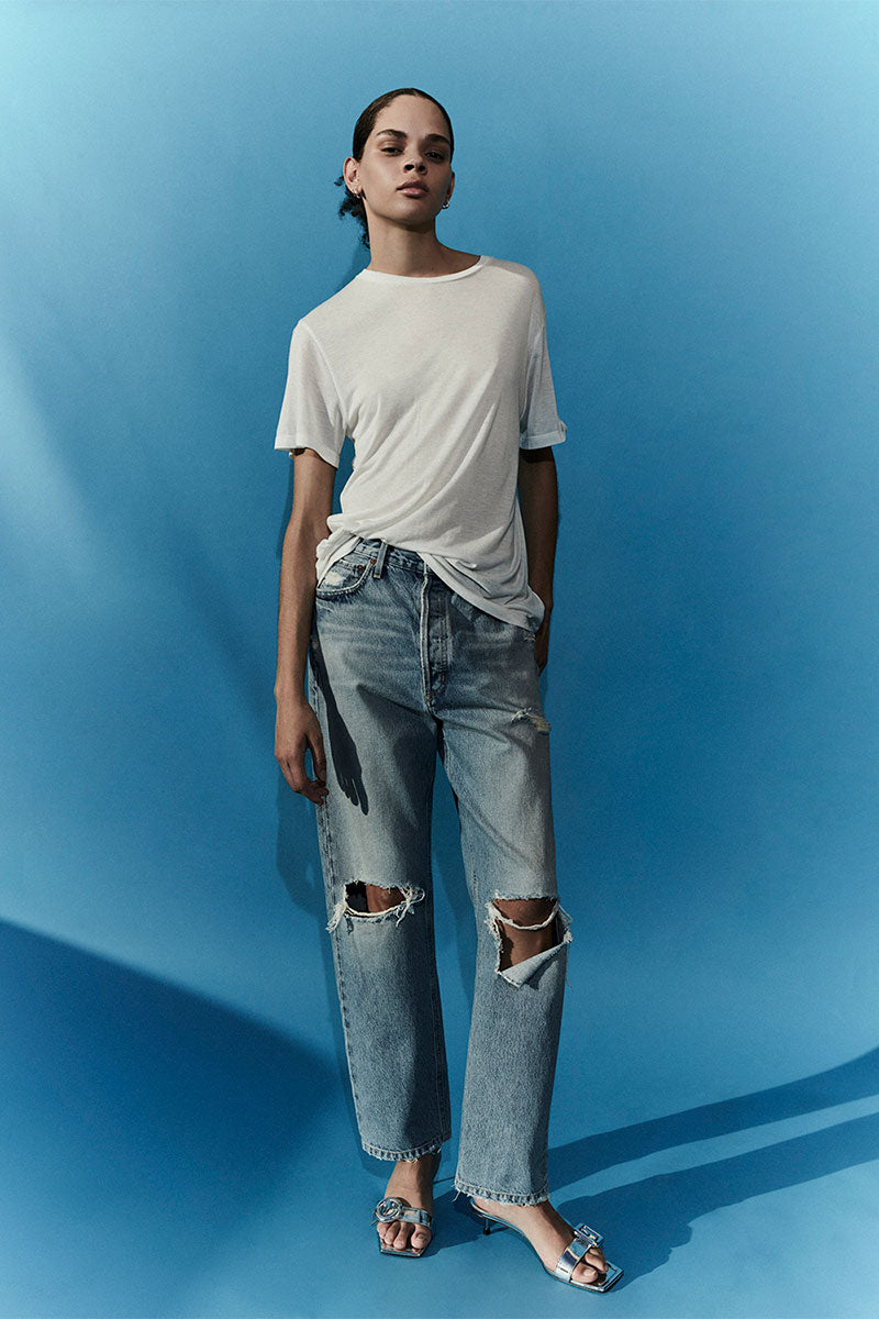 Contrast-trim cotton t-shirt FARREH and Ripped high-rise straight jeans 90'S PINCH