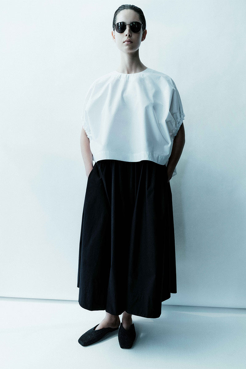 Rouched cotton blouse and A-lined silk skirt
