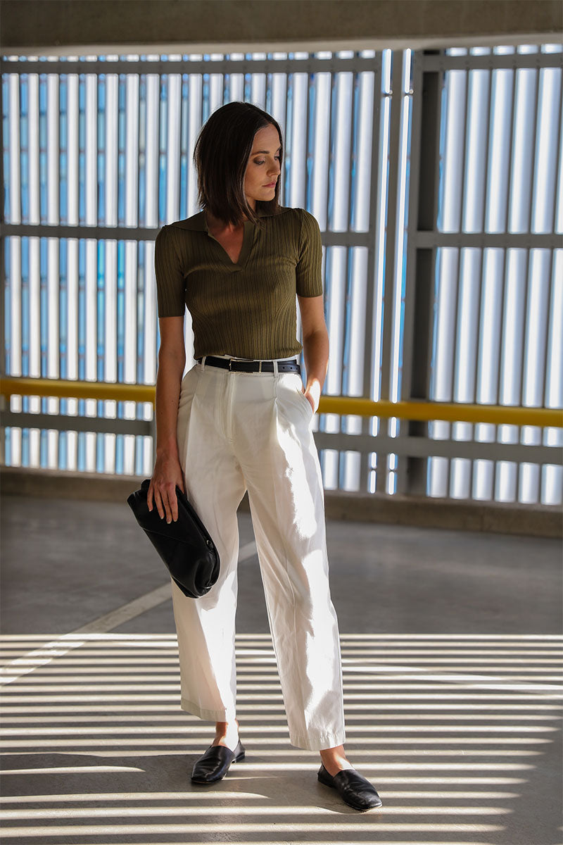Ribbed poloneck top and Cotton chino trousers