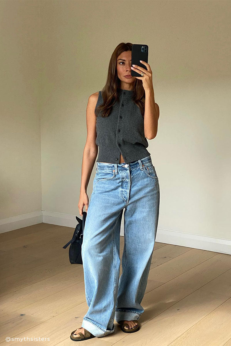 Rollneck boucle vest EMBER and Relaxed baggy jeans AYLA