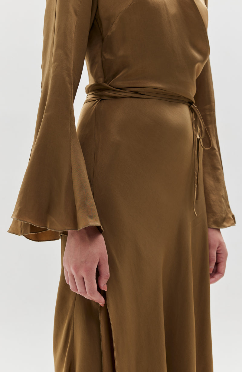 Wrap-design satin-finish dress