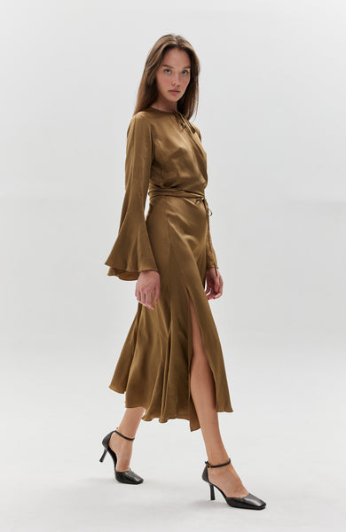 Wrap-design satin-finish dress